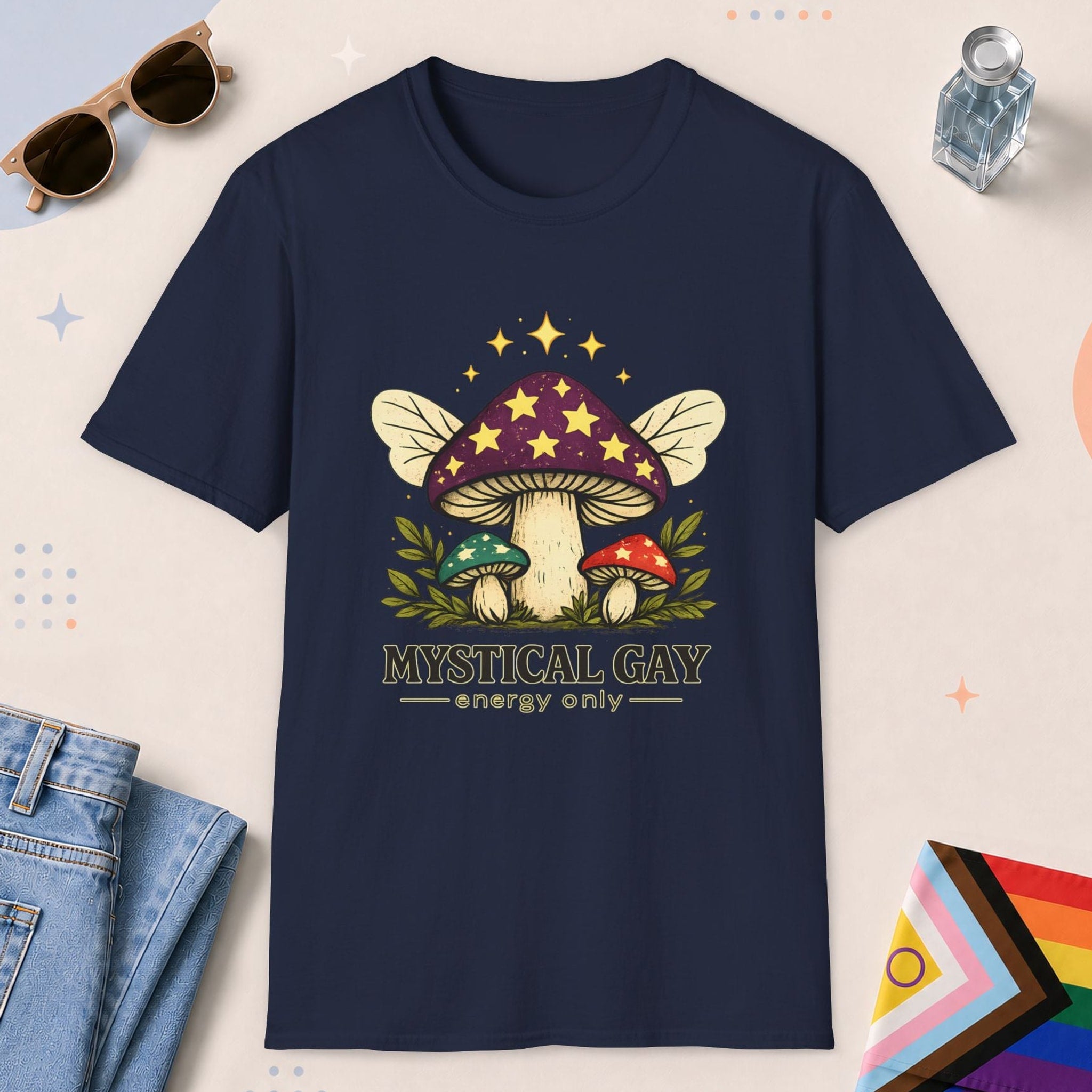 Navy color all-gender graphic t-shirt with "Mystical Gay Energy" design