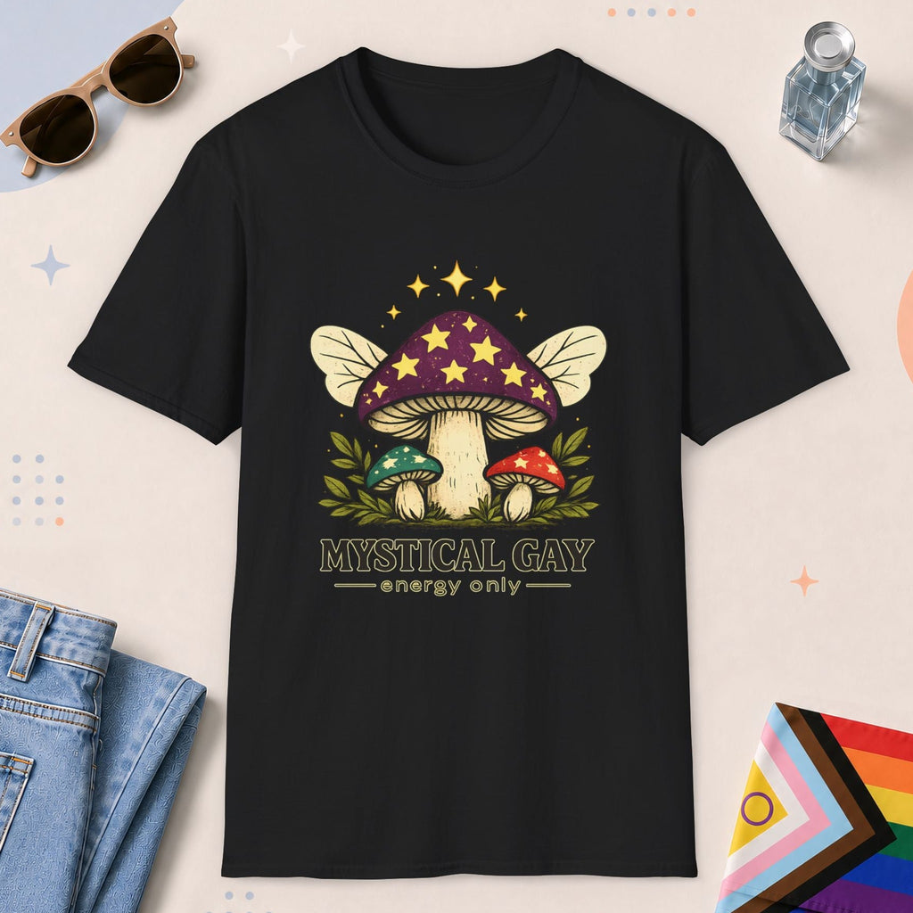 Black color all-gender graphic t-shirt with "Mystical Gay Energy" design