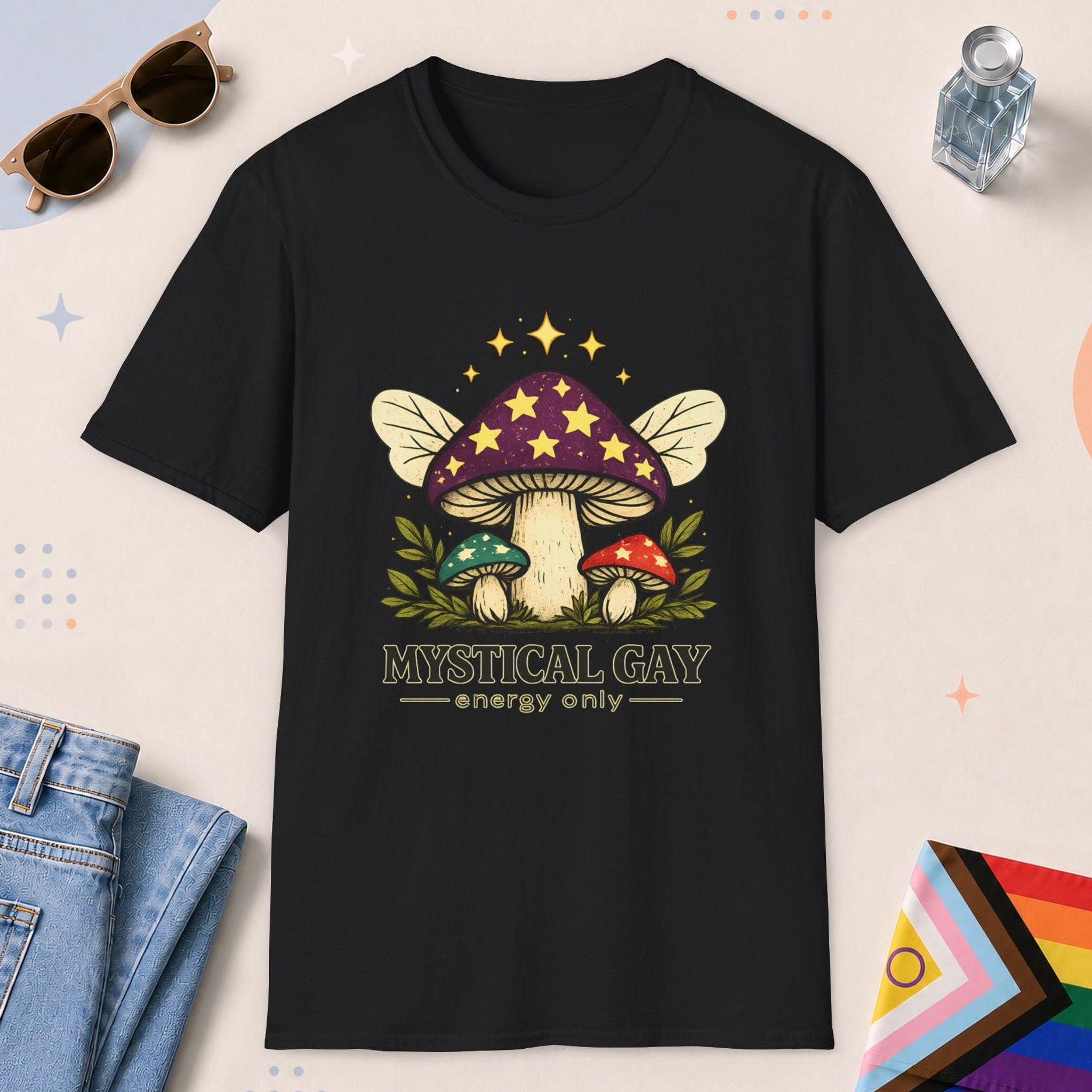 Black color all-gender graphic t-shirt with "Mystical Gay Energy" design