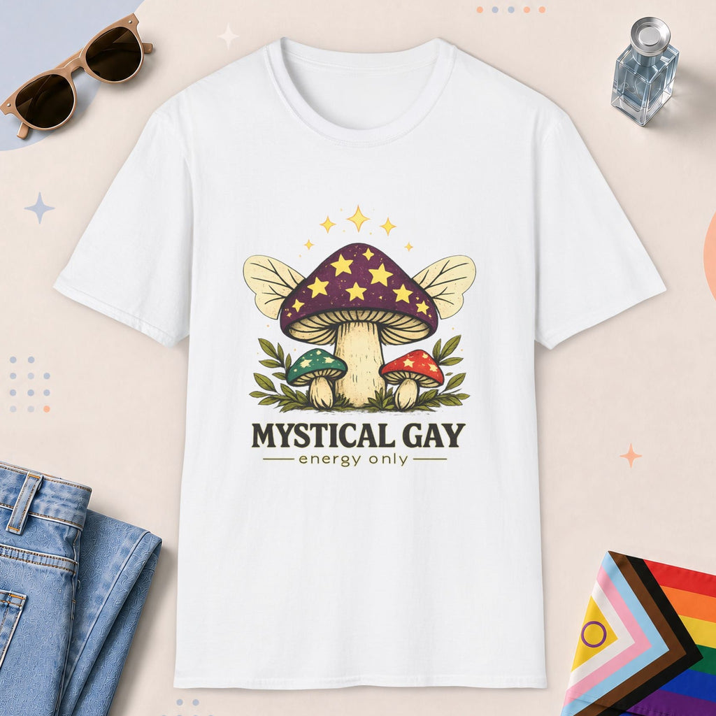 White color all-gender graphic t-shirt with "Mystical Gay Energy" design