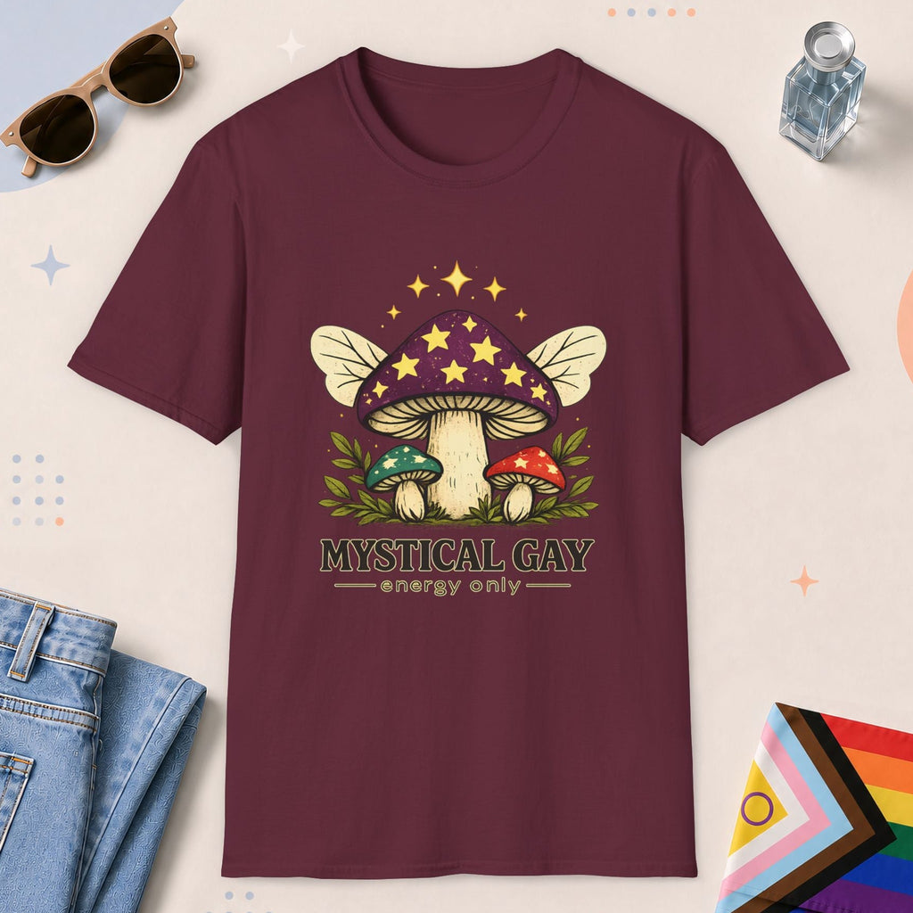 Maroon color all-gender graphic t-shirt with "Mystical Gay Energy" design