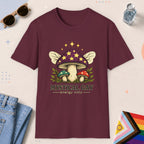 Maroon color all-gender graphic t-shirt with "Mystical Gay Energy" design