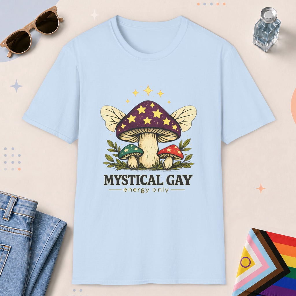 Light Blue color all-gender graphic t-shirt with "Mystical Gay Energy" design