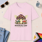 Light Pink color all-gender graphic t-shirt with "Mystical Gay Energy" design