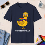 Navy color all-gender graphic t-shirt with "Obviously Gay Duck" design