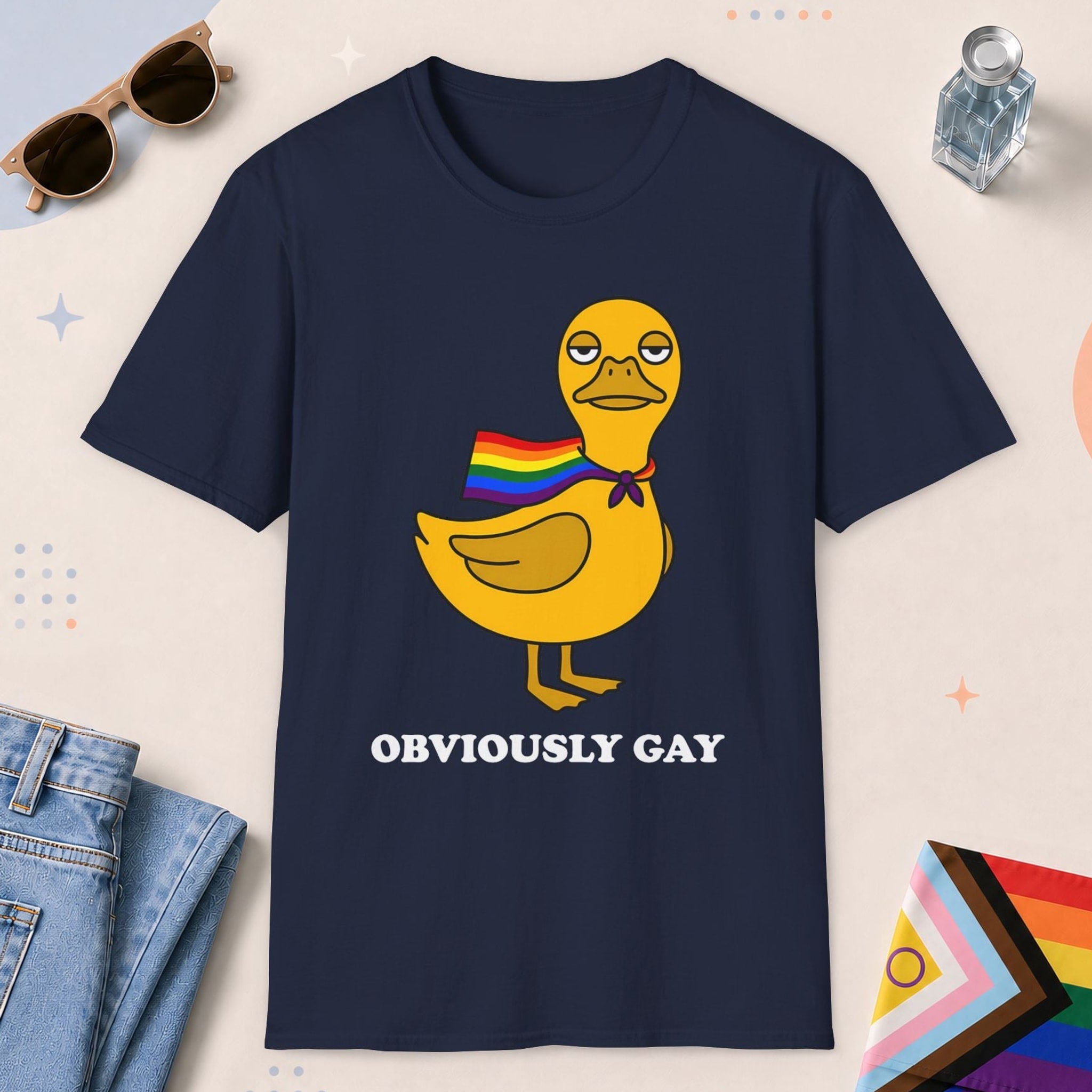 Navy color all-gender graphic t-shirt with "Obviously Gay Duck" design
