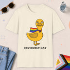 Natural color all-gender graphic t-shirt with "Obviously Gay Duck" design