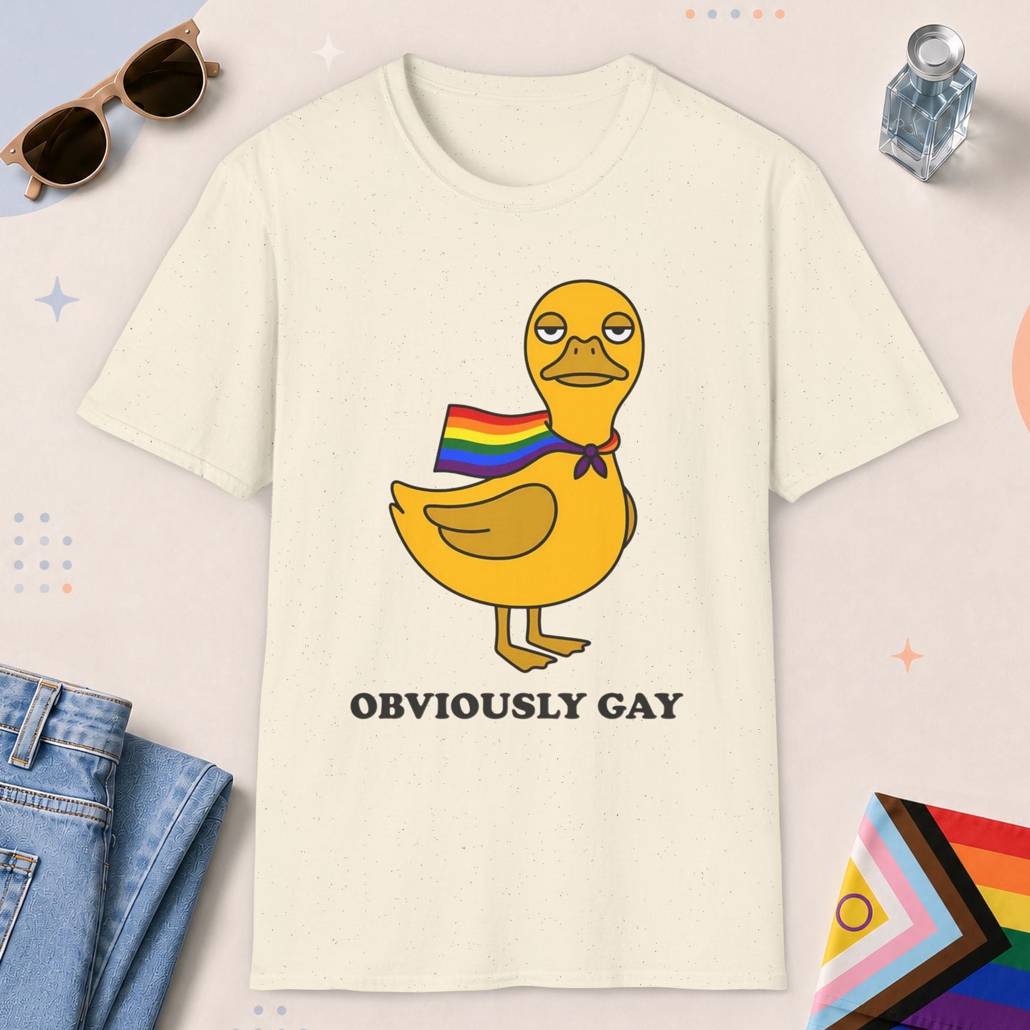 Natural color all-gender graphic t-shirt with "Obviously Gay Duck" design