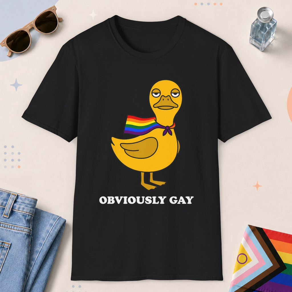 Black color all-gender graphic t-shirt with "Obviously Gay Duck" design
