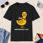Black color all-gender graphic t-shirt with "Obviously Gay Duck" design