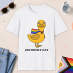White color all-gender graphic t-shirt with "Obviously Gay Duck" design