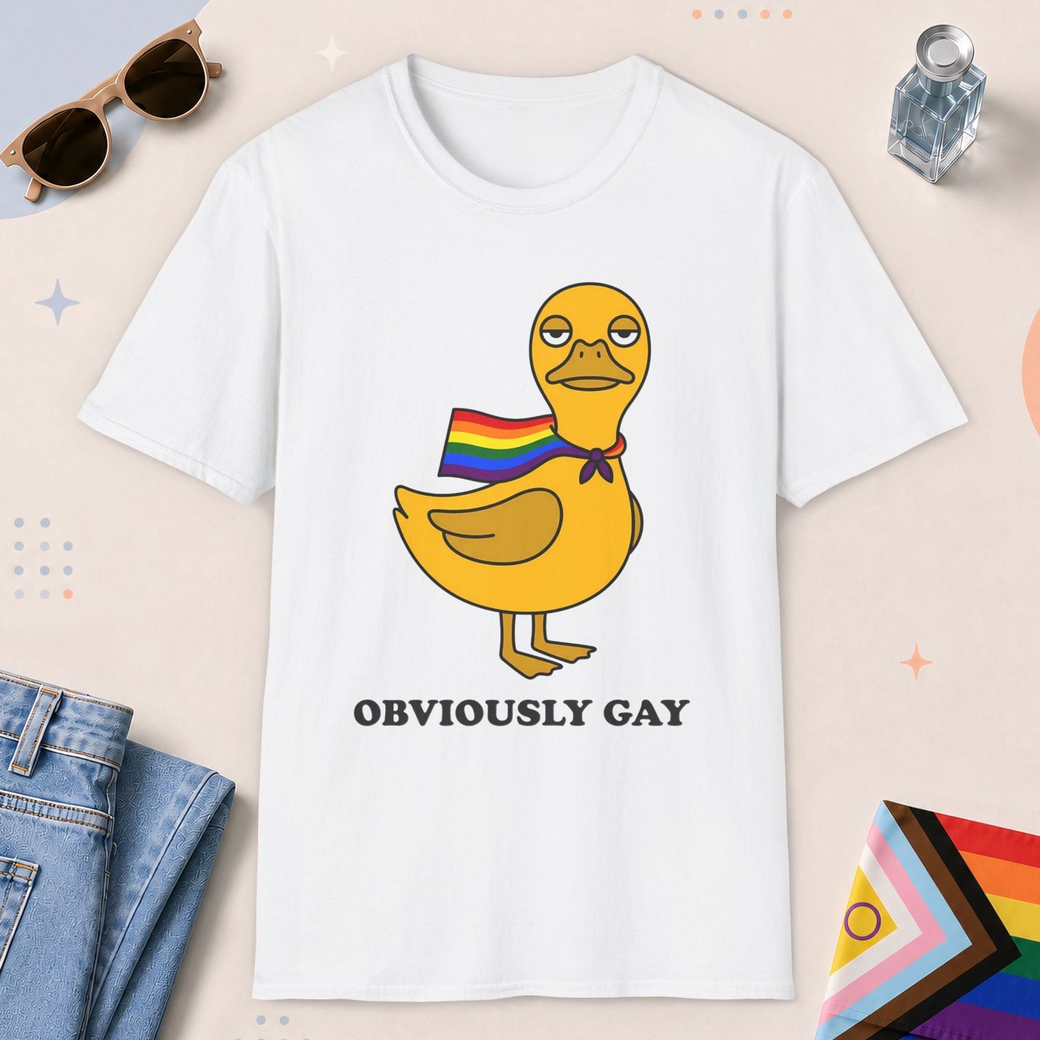 White color all-gender graphic t-shirt with "Obviously Gay Duck" design