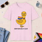 Light Pink color all-gender graphic t-shirt with "Obviously Gay Duck" design