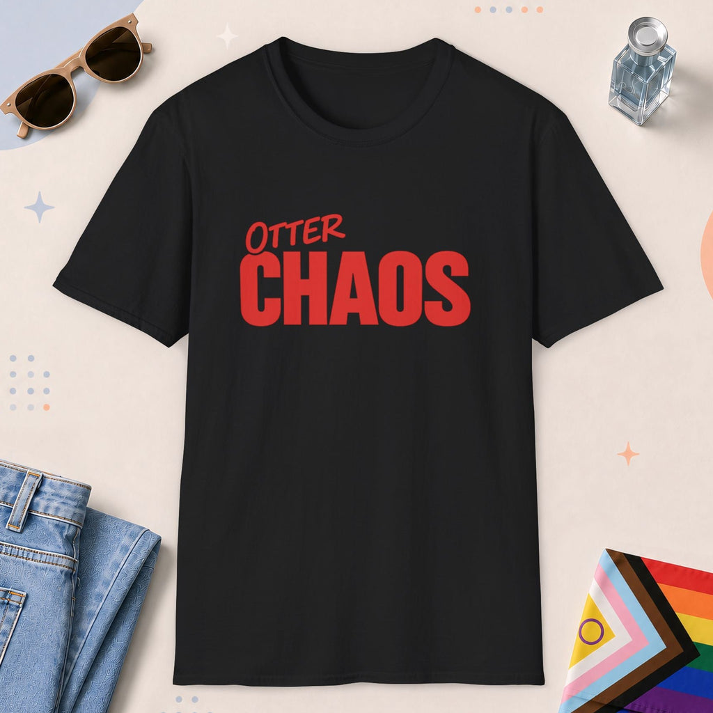 Black color all-gender graphic t-shirt with "Otter Chaos" design