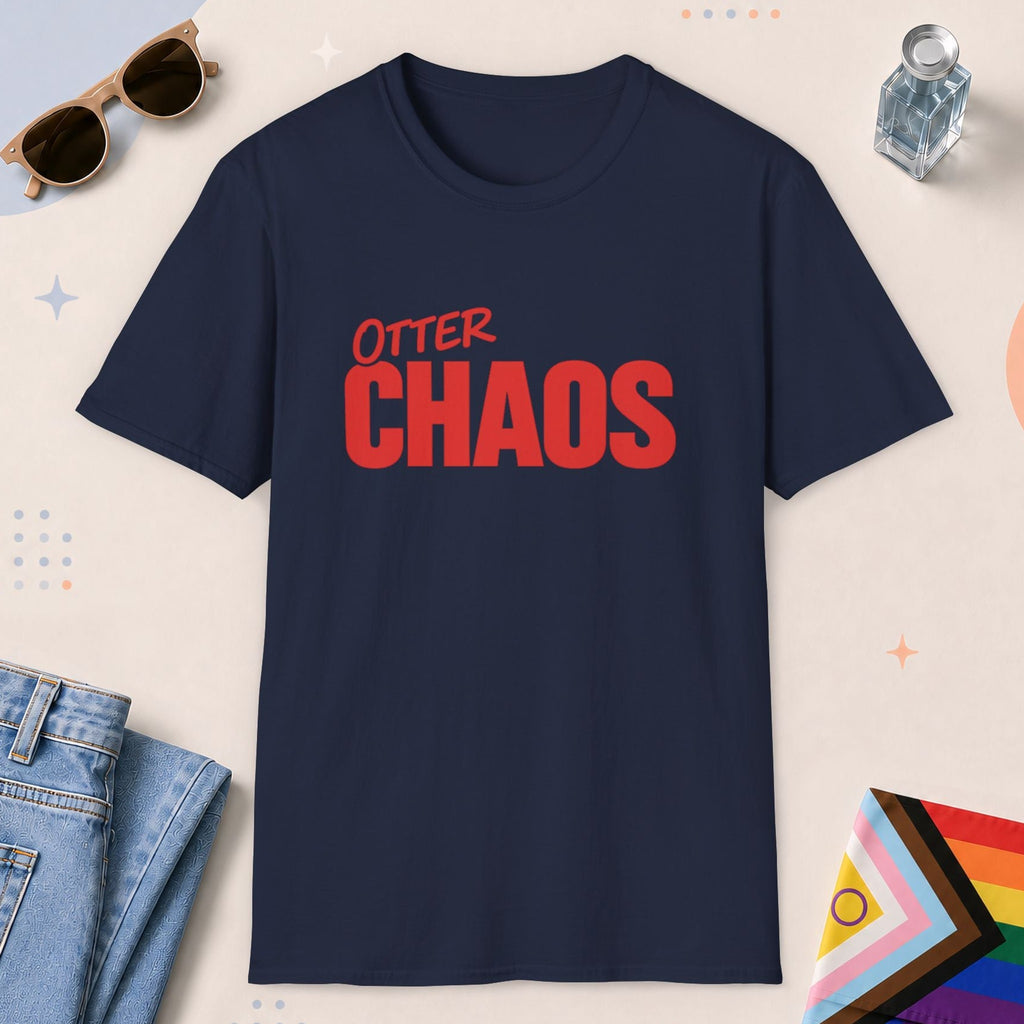 Navy color all-gender graphic t-shirt with "Otter Chaos" design