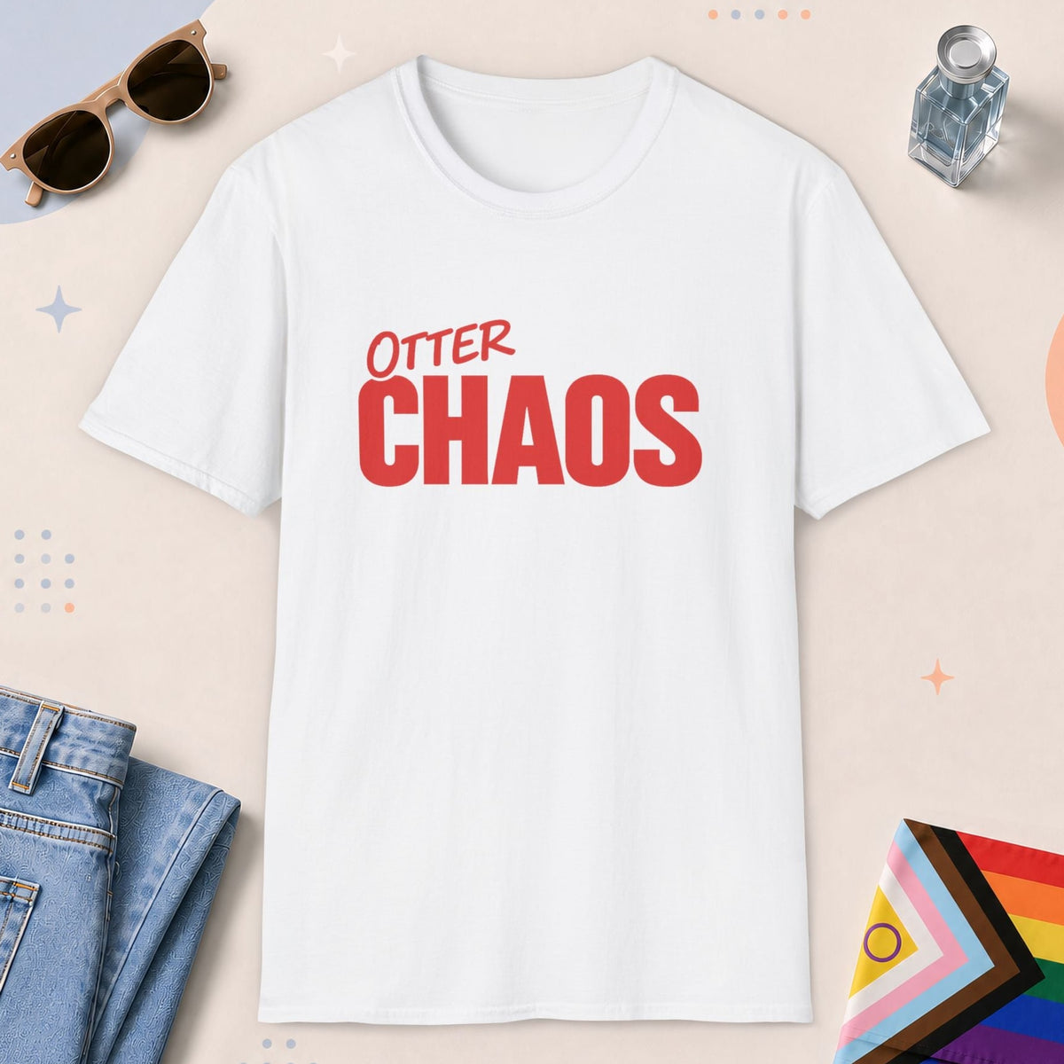 White color all-gender graphic t-shirt with "Otter Chaos" design