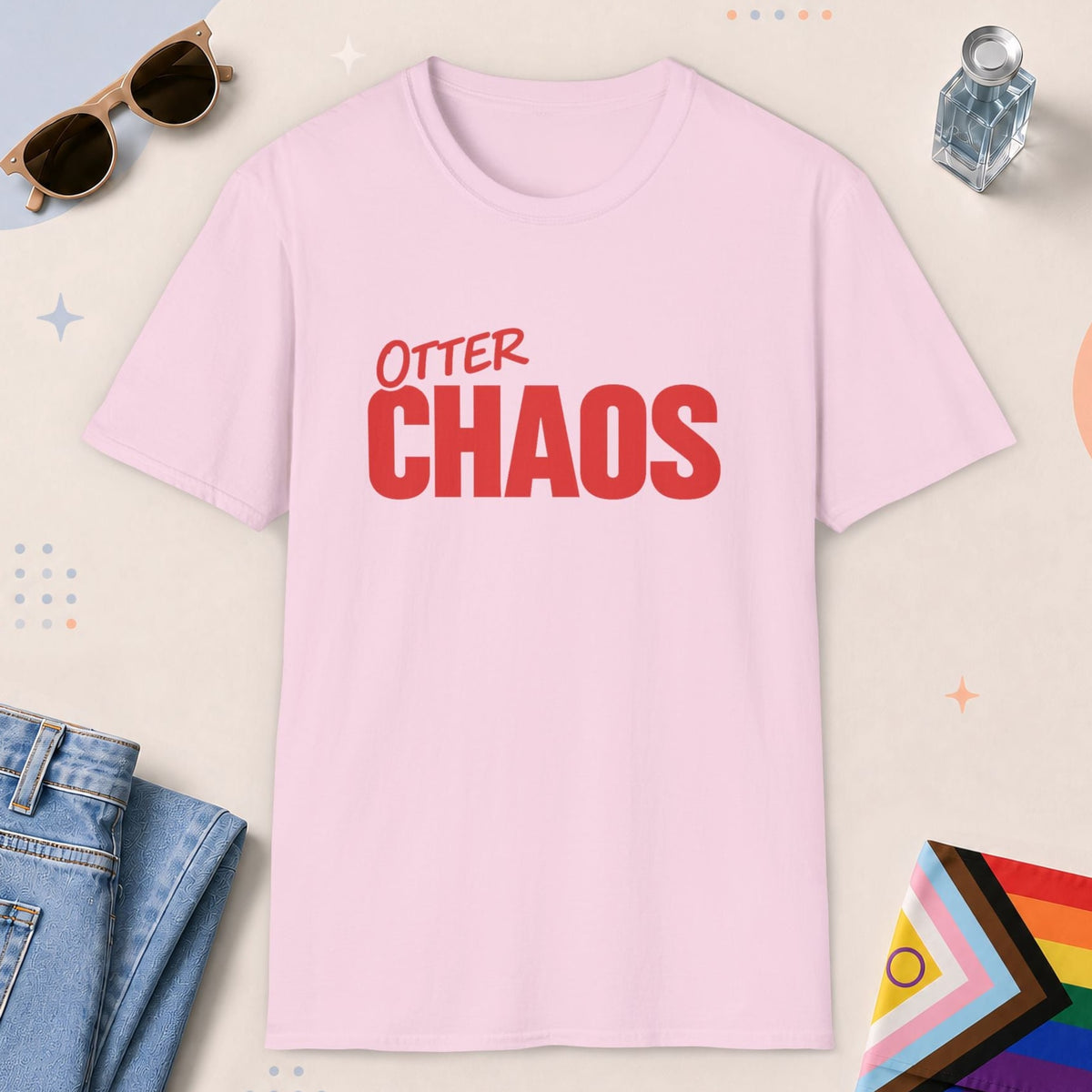 Light Pink color all-gender graphic t-shirt with "Otter Chaos" design