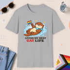 Sport Grey color all-gender graphic t-shirt with "Otter Living Best Gay Life" design
