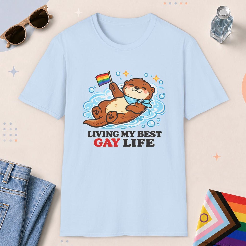 Light Blue color all-gender graphic t-shirt with "Otter Living Best Gay Life" design
