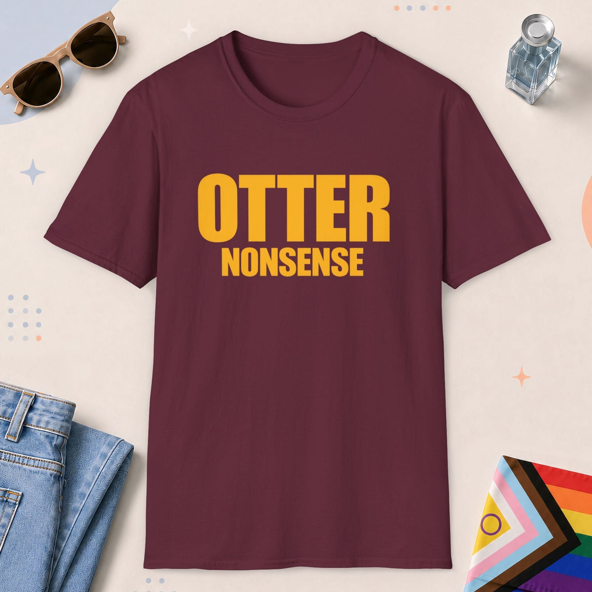 Maroon color all-gender graphic t-shirt with "Otter Nonsense" design