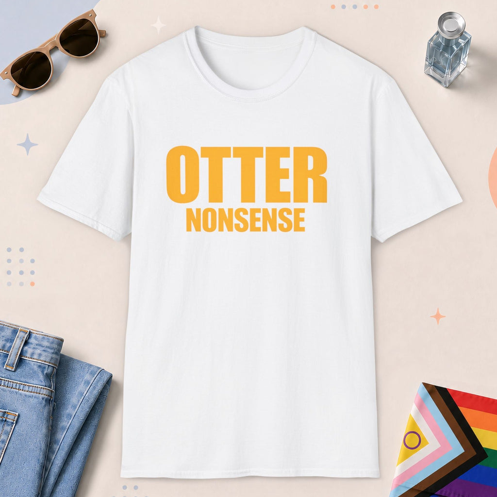 White color all-gender graphic t-shirt with "Otter Nonsense" design