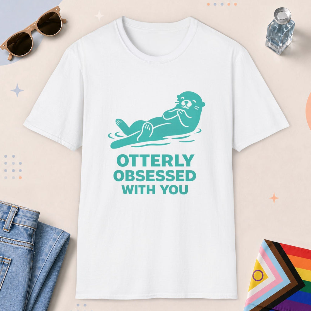 White color all-gender graphic t-shirt with "Otterly Obsessed" design