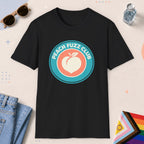 Black color all-gender graphic t-shirt with "Peach Fuzz Club" design