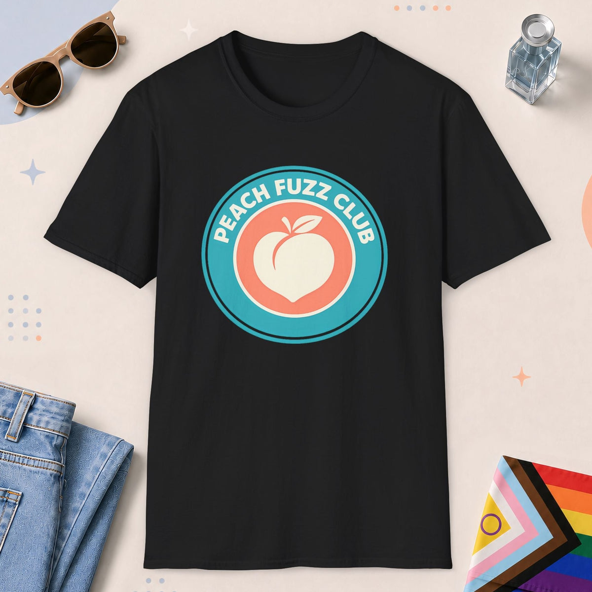 Black color all-gender graphic t-shirt with "Peach Fuzz Club" design
