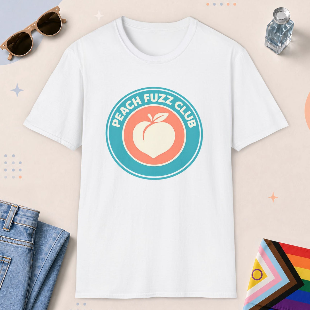 White color all-gender graphic t-shirt with "Peach Fuzz Club" design