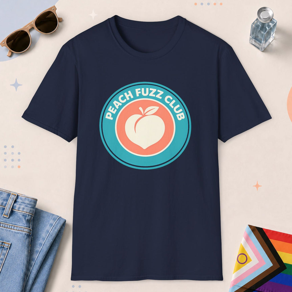 Navy color all-gender graphic t-shirt with "Peach Fuzz Club" design