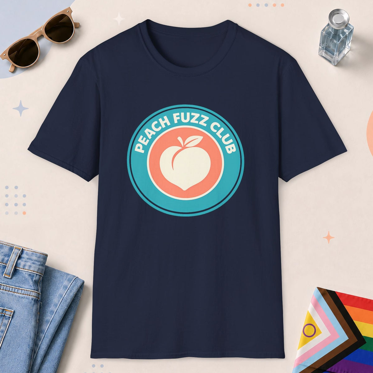Navy color all-gender graphic t-shirt with "Peach Fuzz Club" design