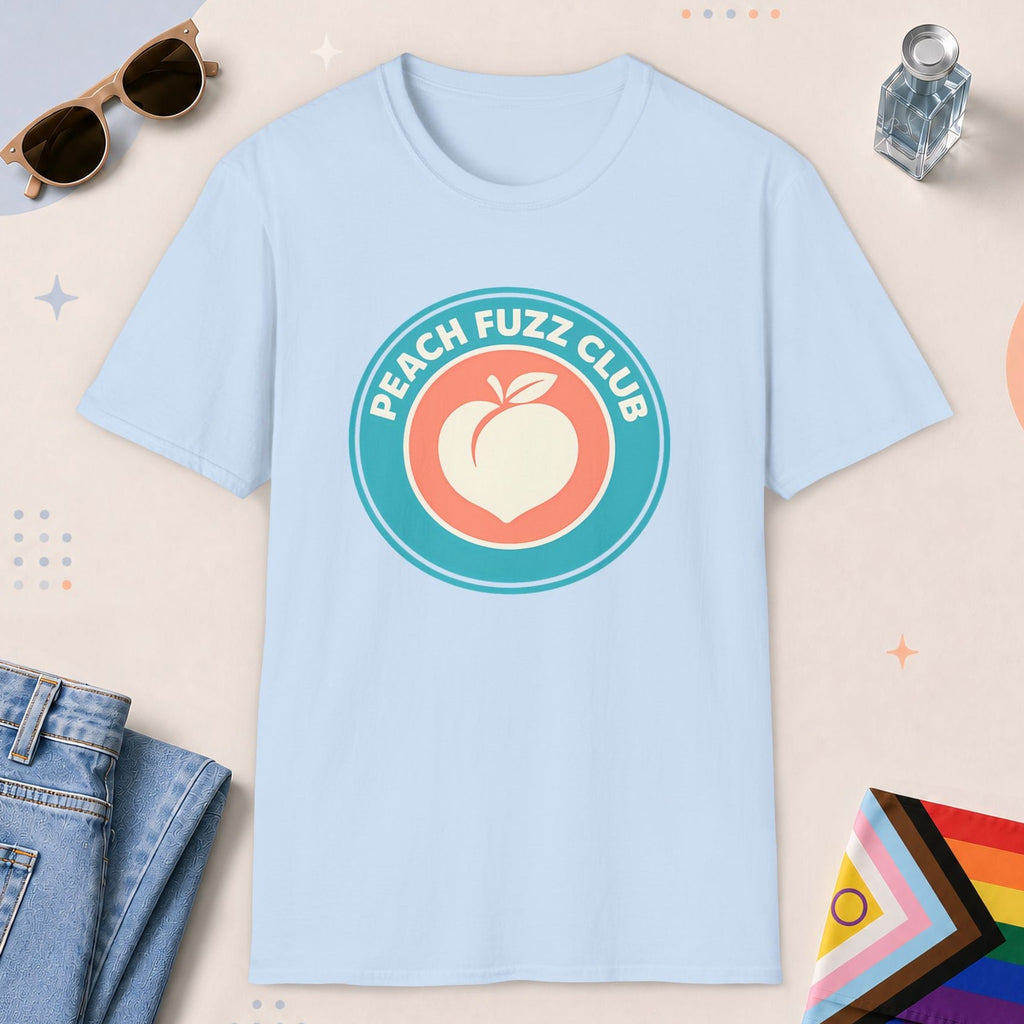 Light Blue color all-gender graphic t-shirt with "Peach Fuzz Club" design