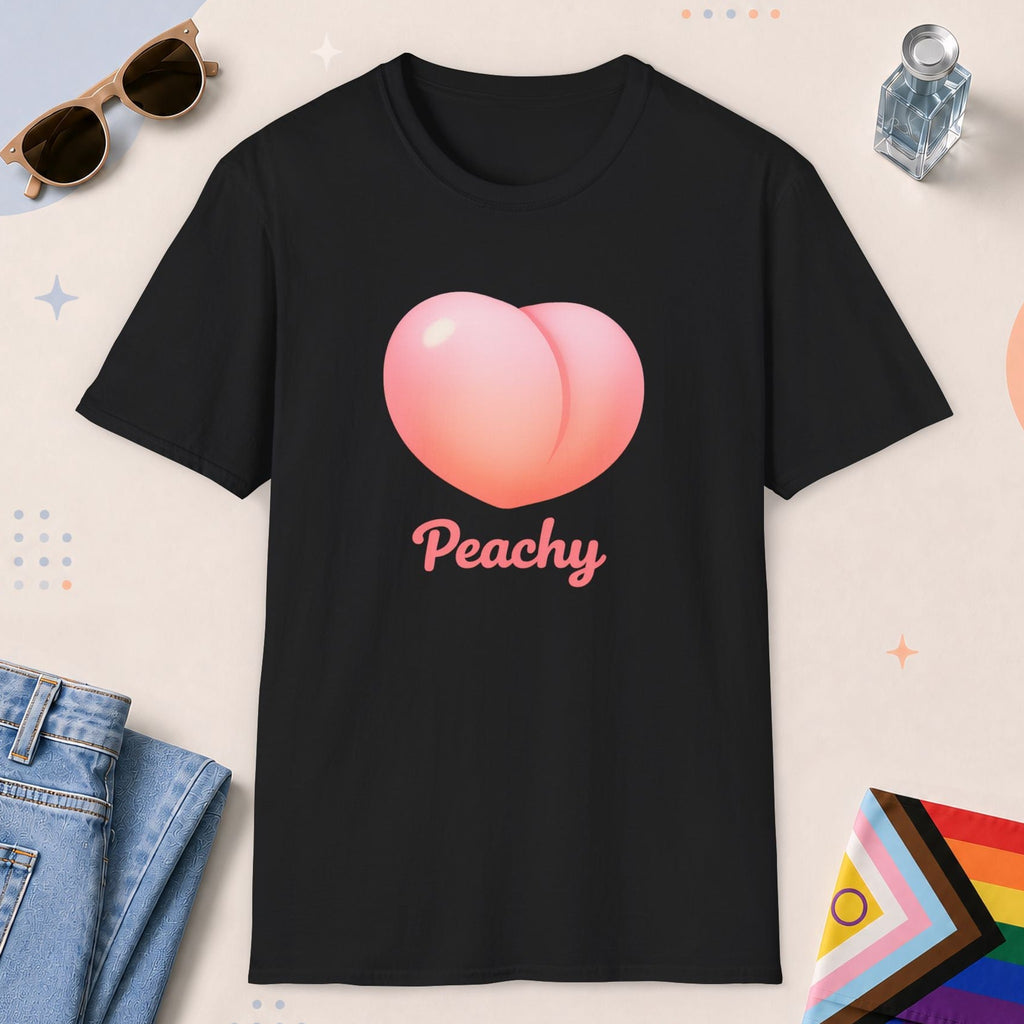 Black color all-gender graphic t-shirt with "Peachy" design