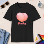 Black color all-gender graphic t-shirt with "Peachy" design