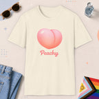 Natural color all-gender graphic t-shirt with "Peachy" design