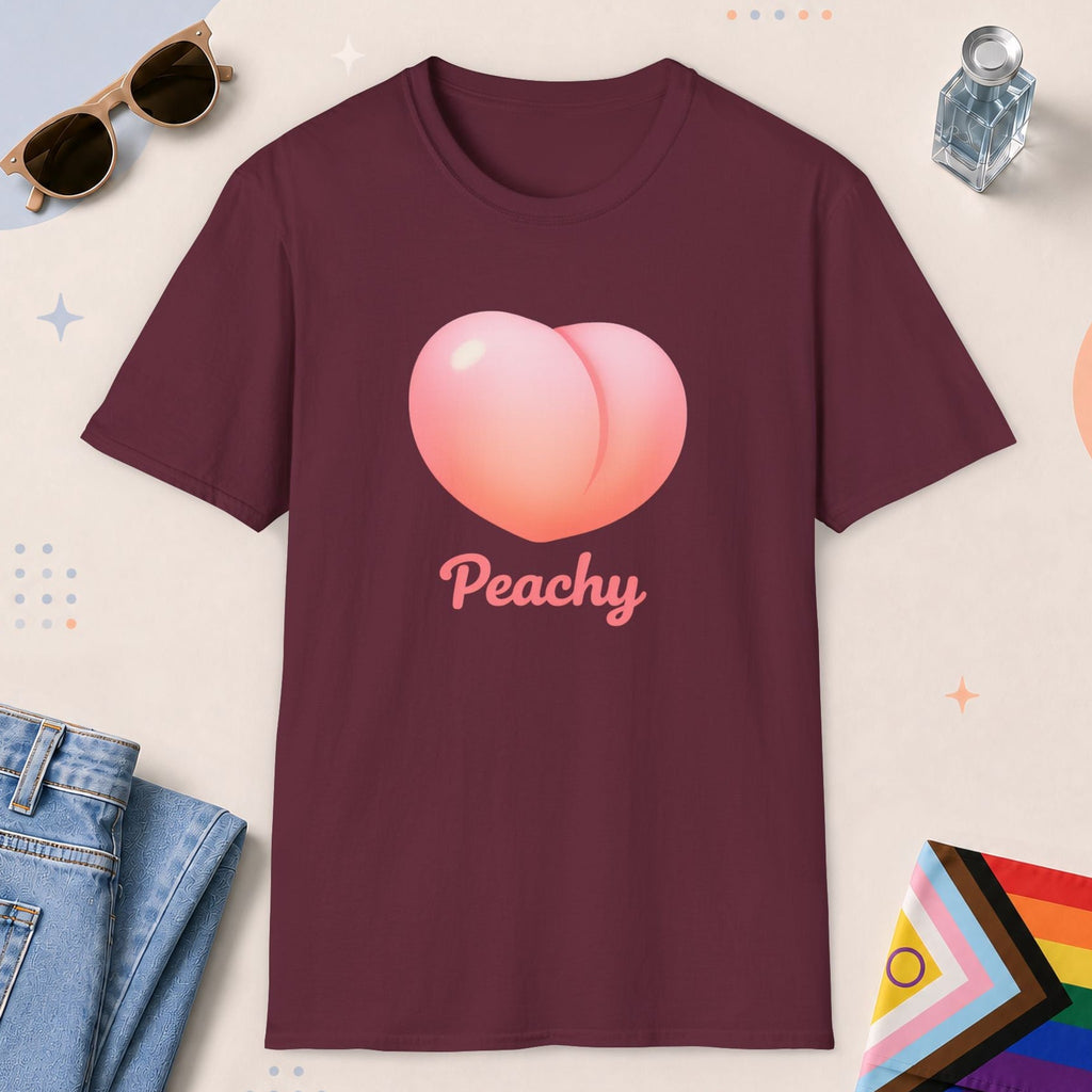 Maroon color all-gender graphic t-shirt with "Peachy" design