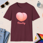 Maroon color all-gender graphic t-shirt with "Peachy" design