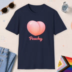 Navy color all-gender graphic t-shirt with "Peachy" design