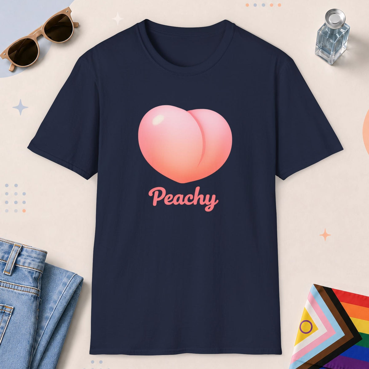 Navy color all-gender graphic t-shirt with "Peachy" design