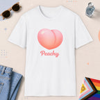 White color all-gender graphic t-shirt with "Peachy" design