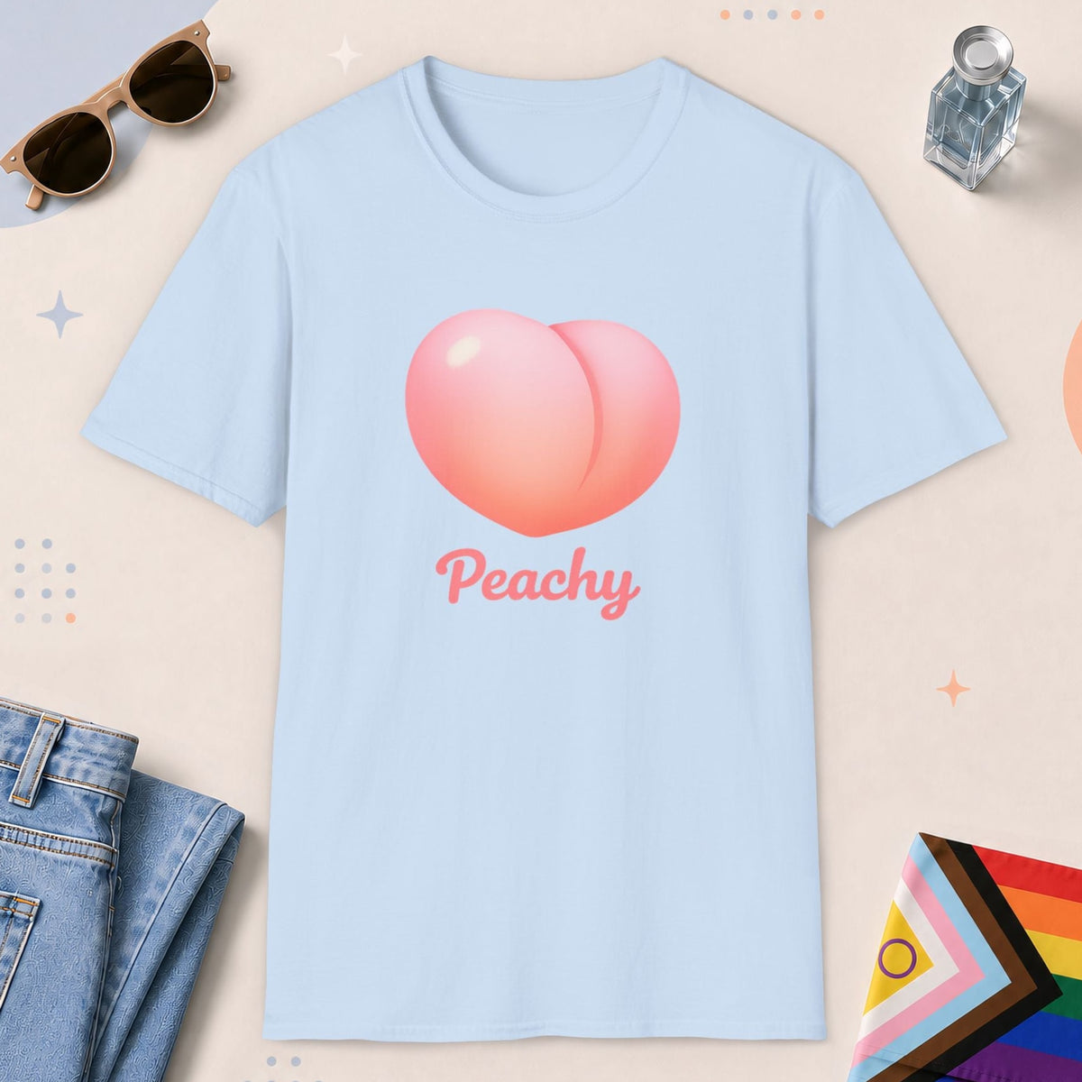 Light Blue color all-gender graphic t-shirt with "Peachy" design