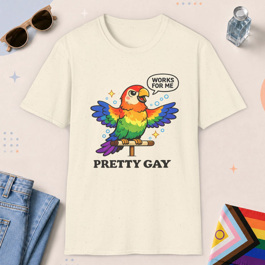 Natural color all-gender graphic t-shirt with "Pretty Gay" design