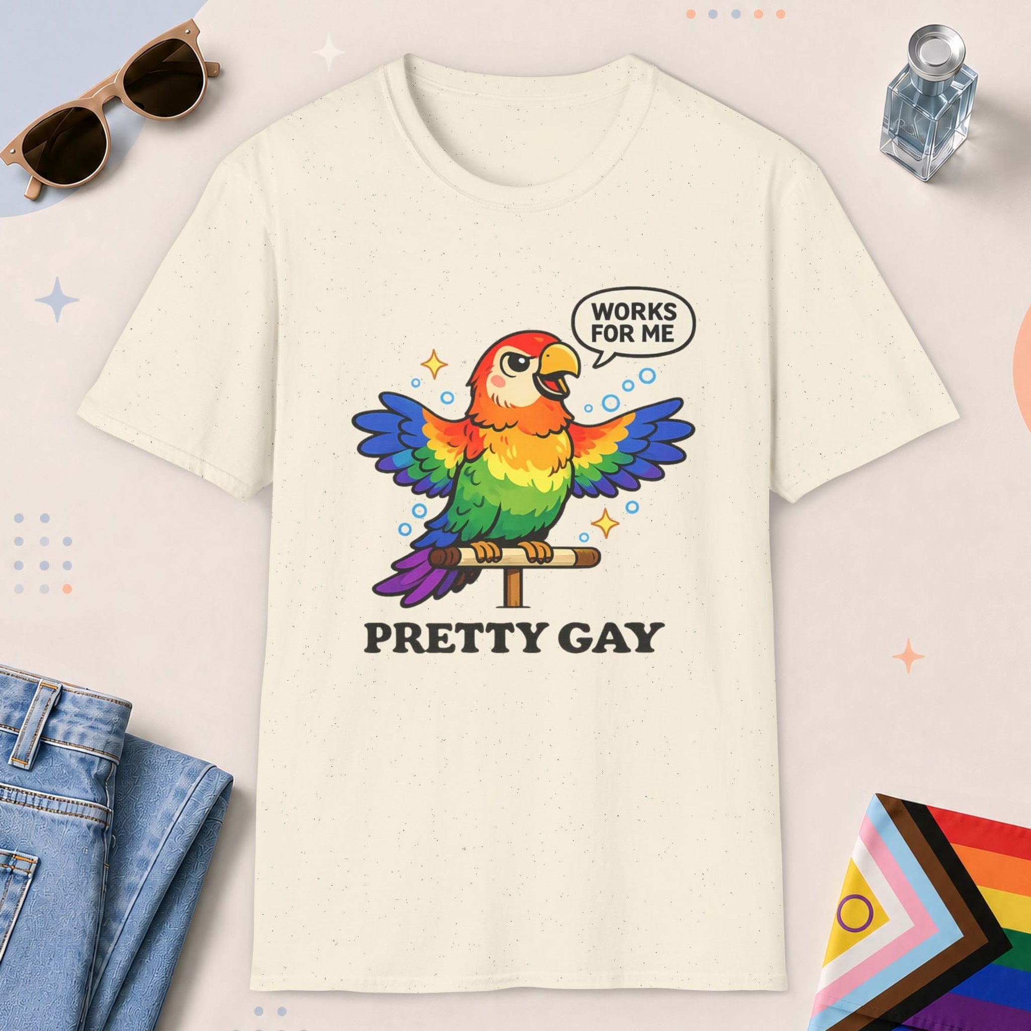 Natural color all-gender graphic t-shirt with "Pretty Gay" design