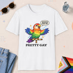 White color all-gender graphic t-shirt with "Pretty Gay" design