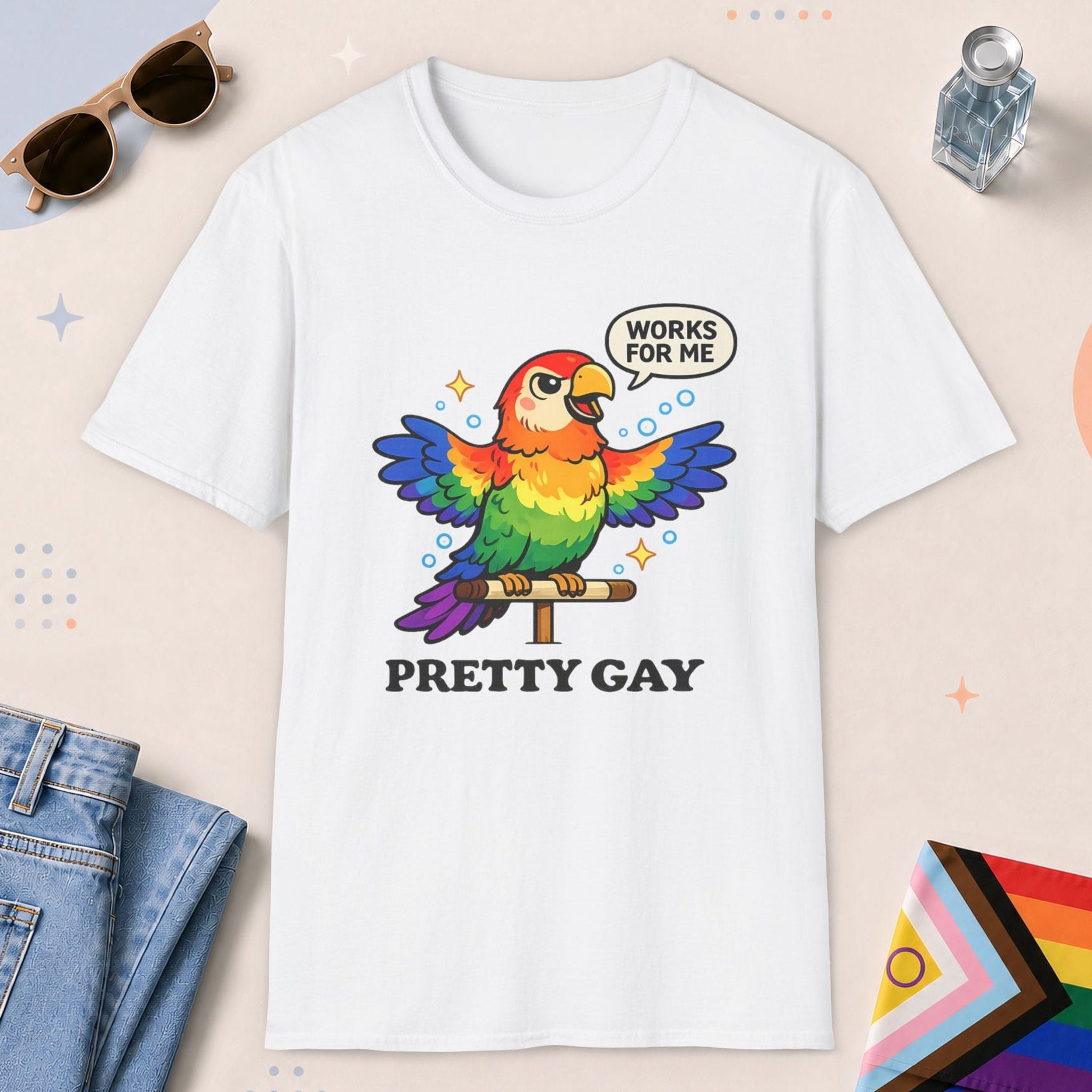 White color all-gender graphic t-shirt with "Pretty Gay" design
