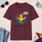 Maroon color all-gender graphic t-shirt with "Pretty Gay" design