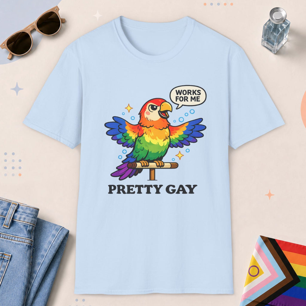 Light Blue color all-gender graphic t-shirt with "Pretty Gay" design