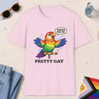 Light Pink color all-gender graphic t-shirt with "Pretty Gay" design