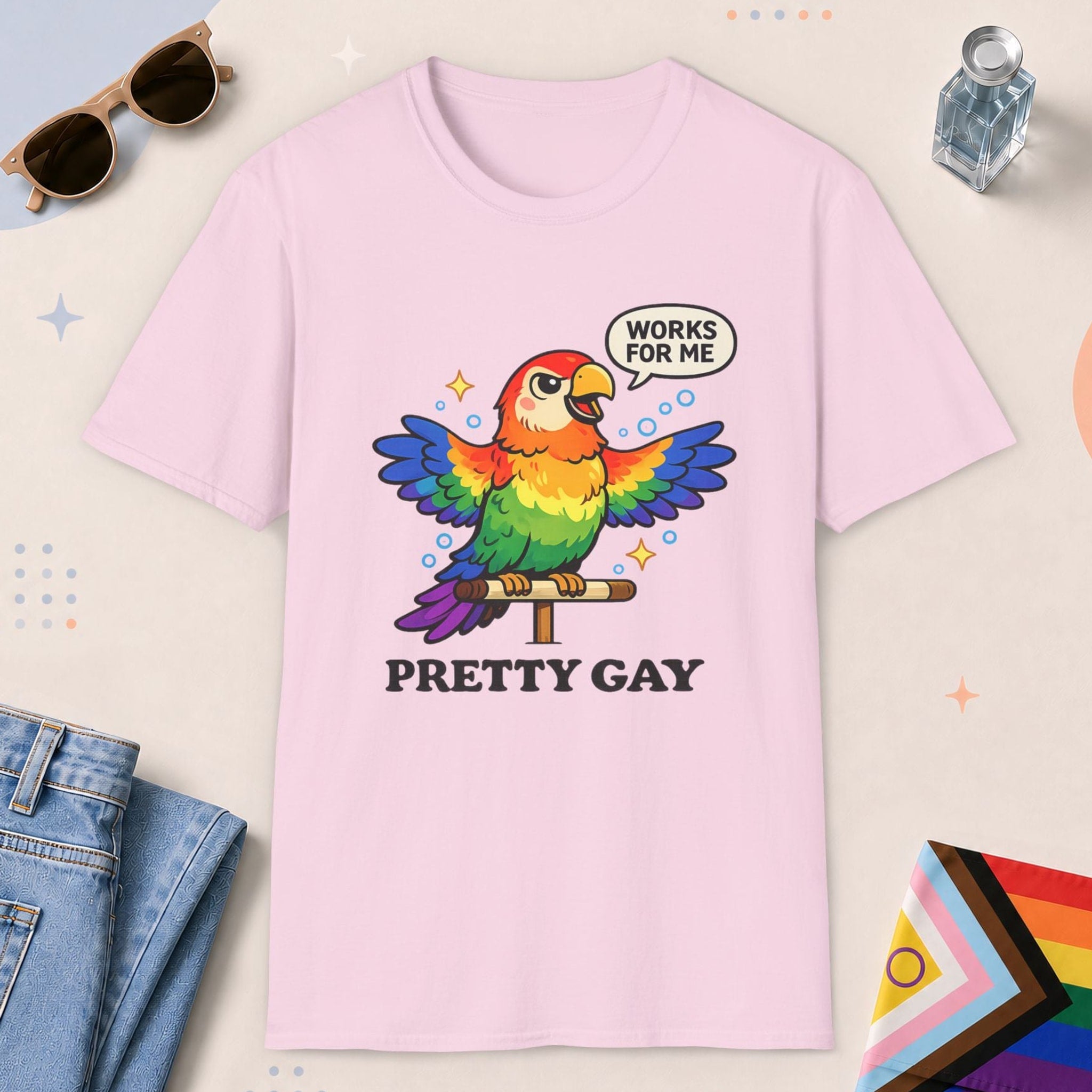 Light Pink color all-gender graphic t-shirt with "Pretty Gay" design