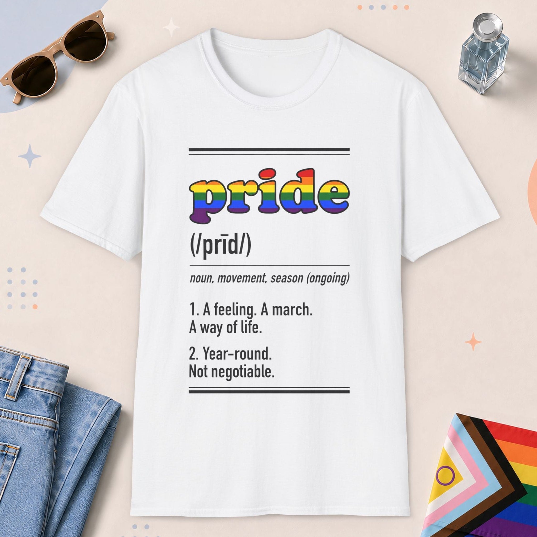 White color all-gender graphic t-shirt with "Pride Definition" design